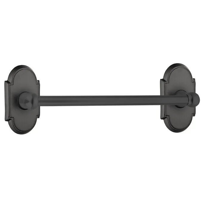 The Emtek Traditional Brass Towel Bar with #8 Rosette in Flat Black finish.