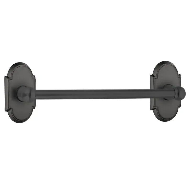 The Emtek Traditional Brass Towel Bar with #8 Rosette in Flat Black finish.