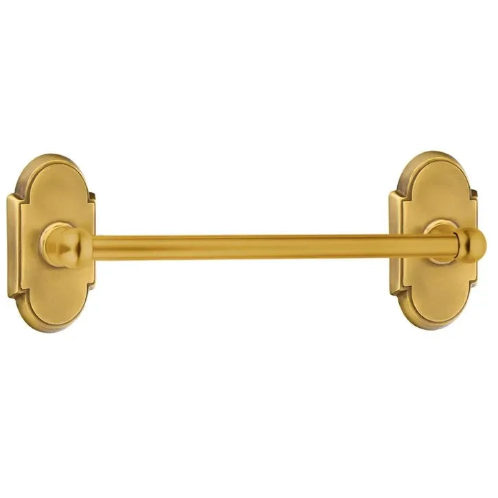 The Emtek Traditional Brass Towel Bar with #8 Rosette in French Antique finish.