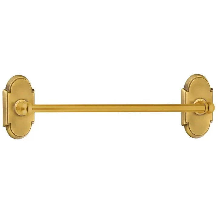 The Emtek Traditional Brass Towel Bar with #8 Rosette in French Antique finish.