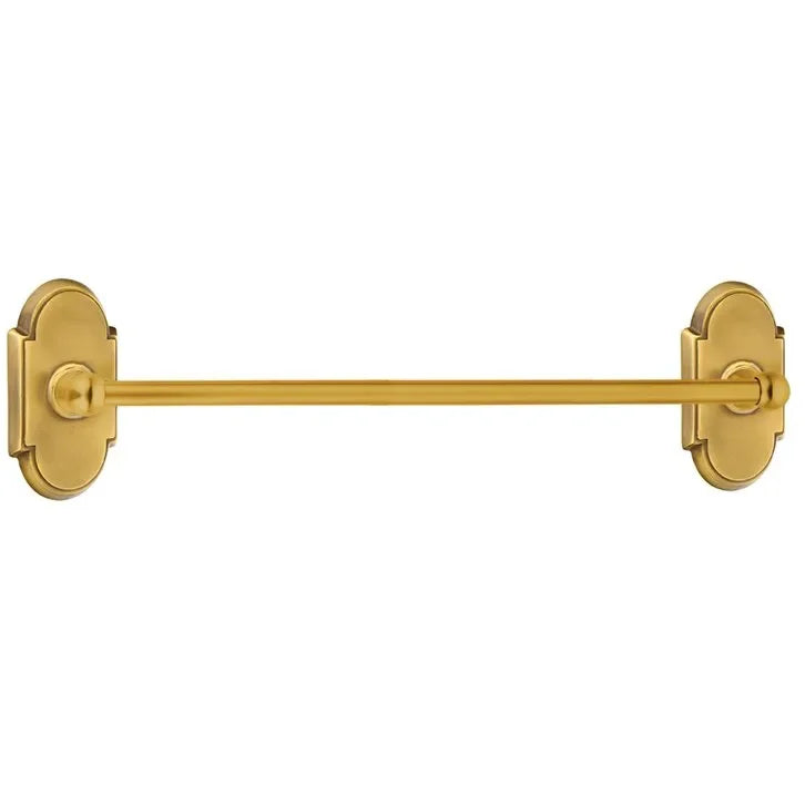The Emtek Traditional Brass Towel Bar with #8 Rosette in French Antique finish.