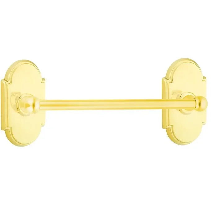The Emtek Traditional Brass Towel Bar with #8 Rosette in Lifetime Polished Brass finish.