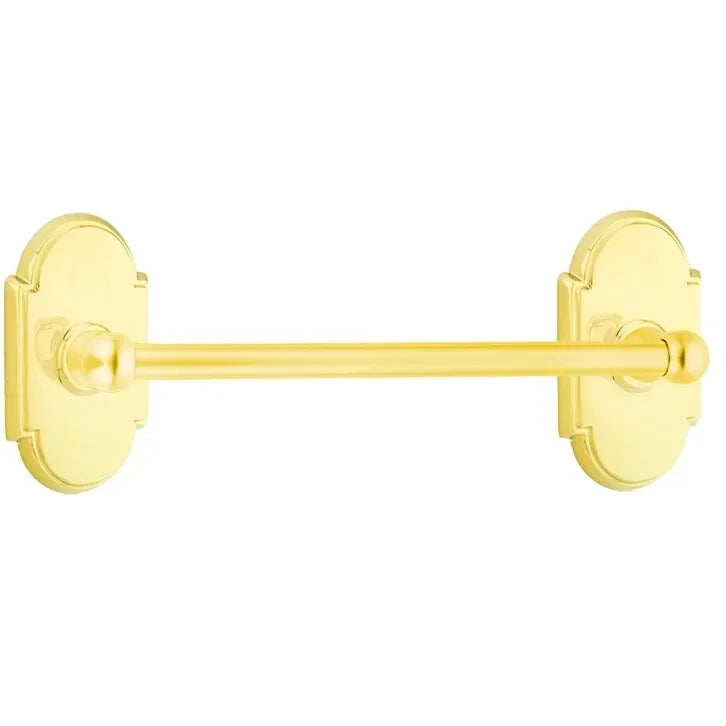 The Emtek Traditional Brass Towel Bar with #8 Rosette in Lifetime Polished Brass finish.