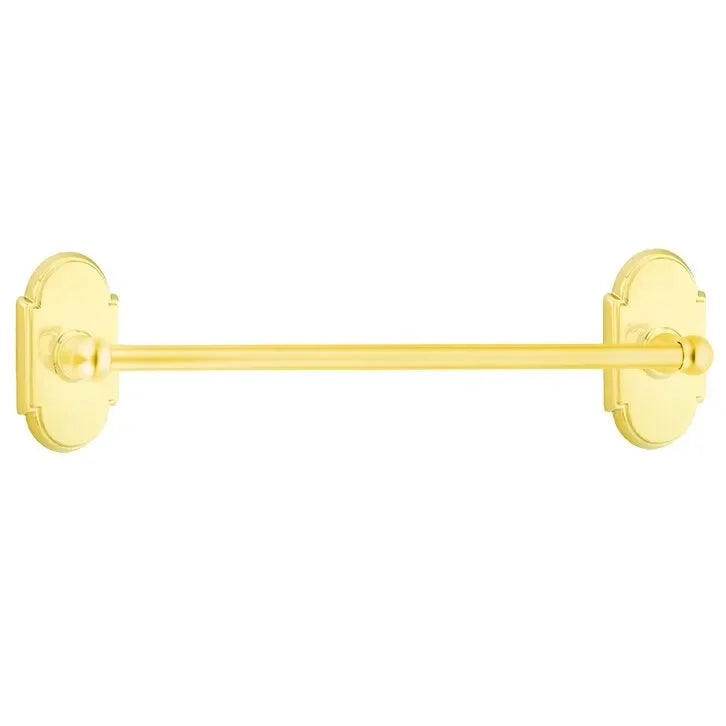 The Emtek Traditional Brass Towel Bar with #8 Rosette in Lifetime Polished Brass finish.