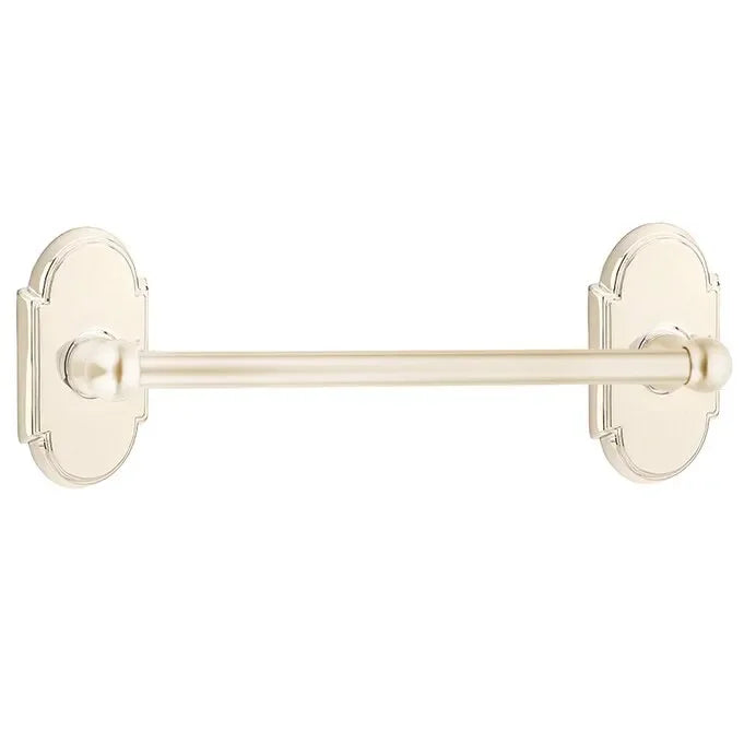 The Emtek Traditional Brass Towel Bar with #8 Rosette in Lifetime Polished Nickel finish.