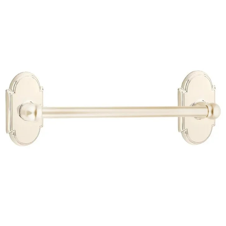 The Emtek Traditional Brass Towel Bar with #8 Rosette in Lifetime Polished Nickel finish.