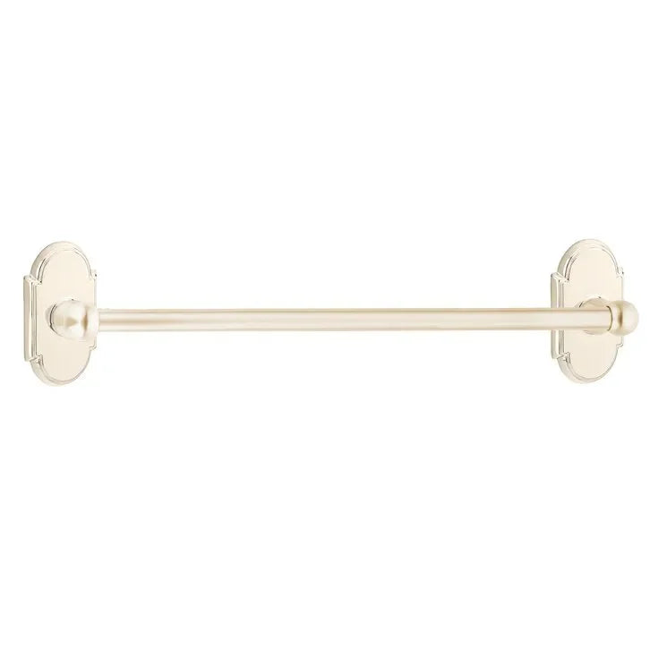 The Emtek Traditional Brass Towel Bar with #8 Rosette in Lifetime Polished Nickel finish.