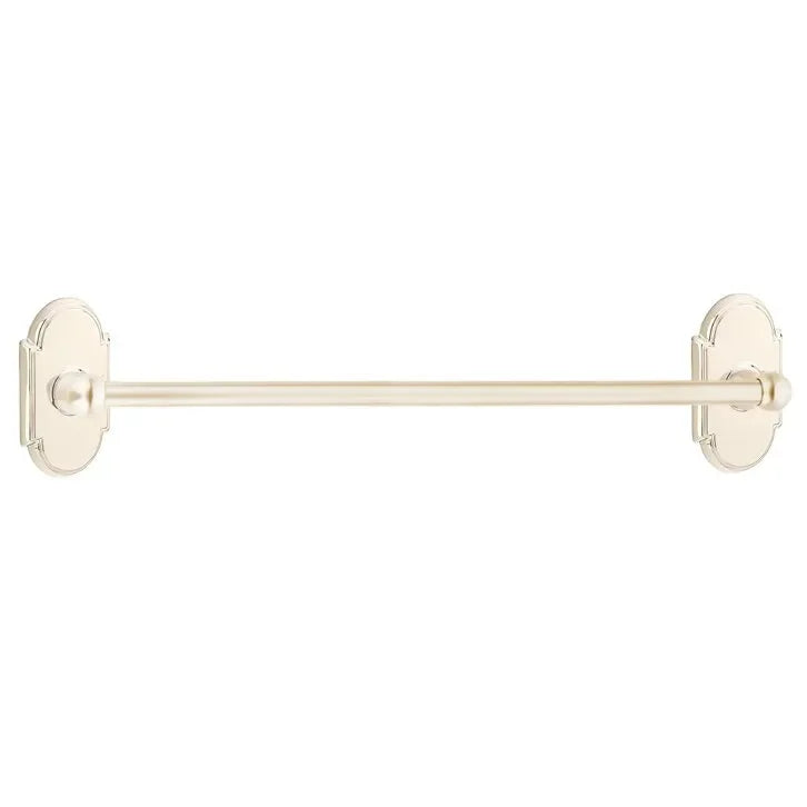 The Emtek Traditional Brass Towel Bar with #8 Rosette in Lifetime Polished Nickel finish.