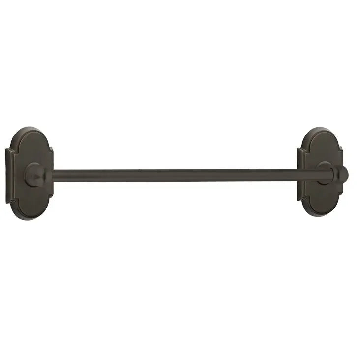 The Emtek Traditional Brass Towel Bar with #8 Rosette in Oil Rubbed Bronze finish.