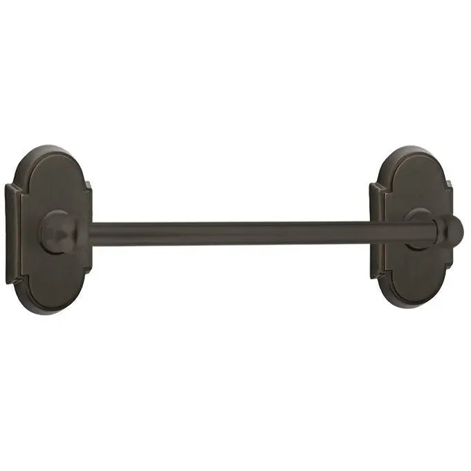 The Emtek Traditional Brass Towel Bar with #8 Rosette in Oil Rubbed Bronze finish.