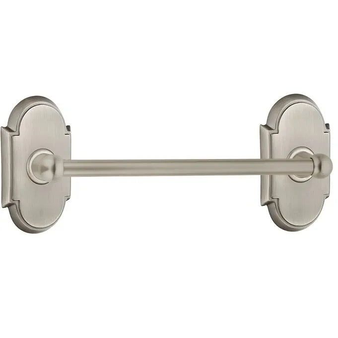 The Emtek Traditional Brass Towel Bar with #8 Rosette in Pewter finish.