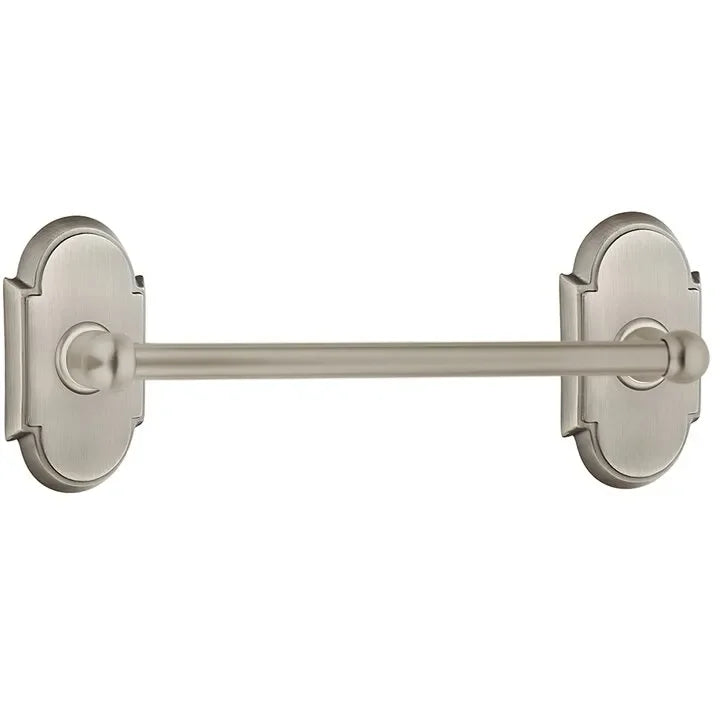 The Emtek Traditional Brass Towel Bar with #8 Rosette in Pewter finish.