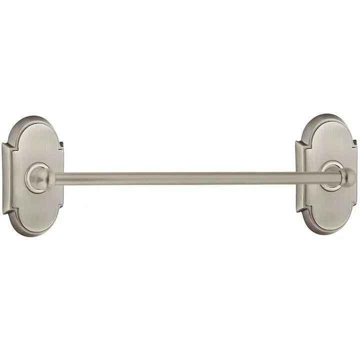 The Emtek Traditional Brass Towel Bar with #8 Rosette in Pewter finish.