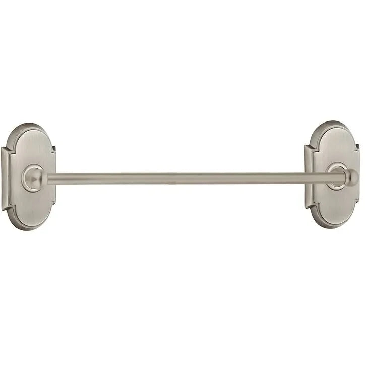 The Emtek Traditional Brass Towel Bar with #8 Rosette in Pewter finish.