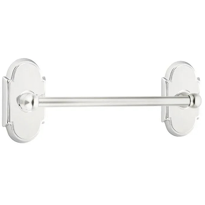 The Emtek Traditional Brass Towel Bar with #8 Rosette in Polished Chrome finish.