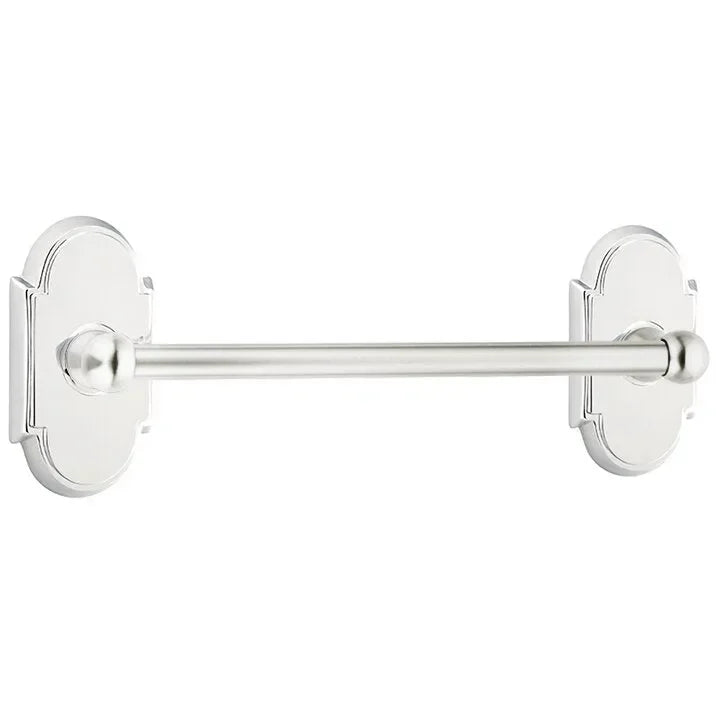 The Emtek Traditional Brass Towel Bar with #8 Rosette in Polished Chrome finish.