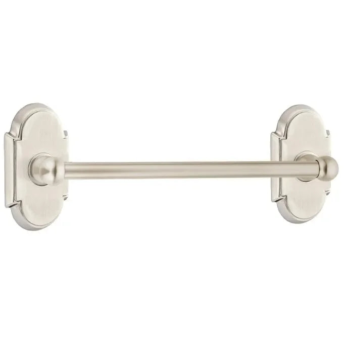 The Emtek Traditional Brass Towel Bar with #8 Rosette in Satin Nickel finish.