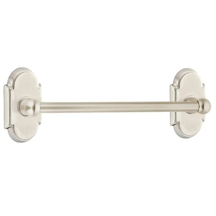 The Emtek Traditional Brass Towel Bar with #8 Rosette in Satin Nickel finish.