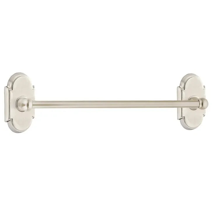 The Emtek Traditional Brass Towel Bar with #8 Rosette in Satin Nickel finish.