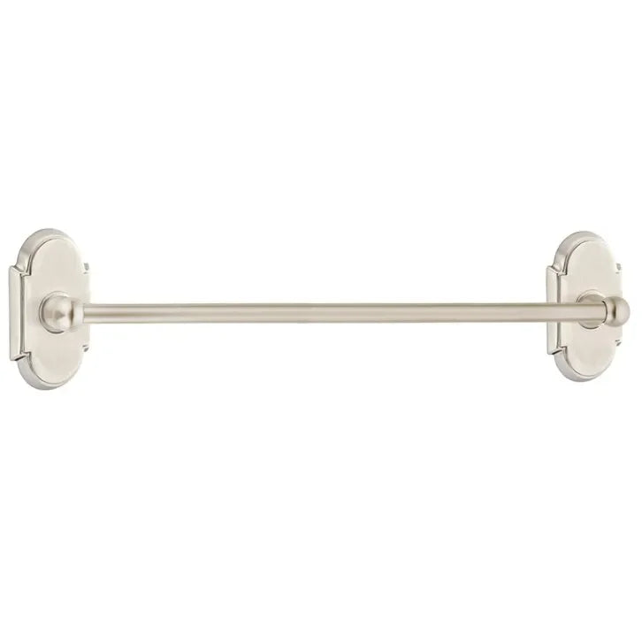 The Emtek Traditional Brass Towel Bar with #8 Rosette in Satin Nickel finish.