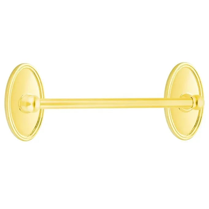 The Emtek Traditional Brass Towel Bar with Oval Rosette in Lifetime Polished Brass finish.