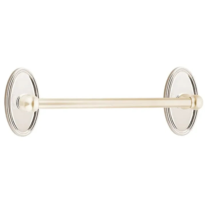 The Emtek Traditional Brass Towel Bar with Oval Rosette in Lifetime Polished Nickel finish.