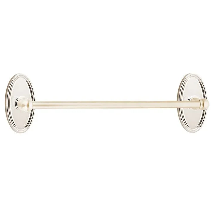 The Emtek Traditional Brass Towel Bar with Oval Rosette in Lifetime Polished Nickel finish.