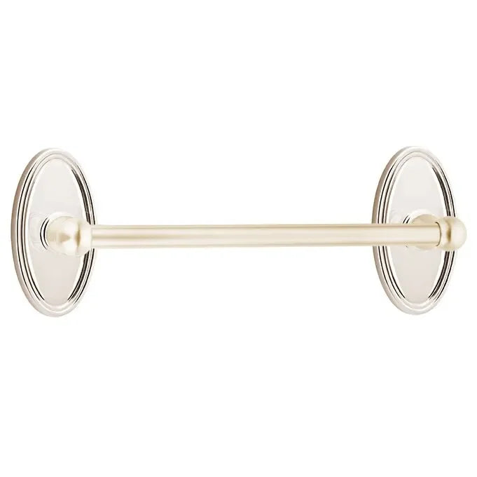 The Emtek Traditional Brass Towel Bar with Oval Rosette in Lifetime Polished Nickel finish.