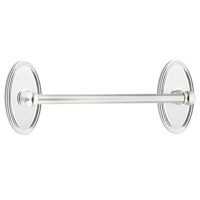The Emtek Traditional Brass Towel Bar with Oval Rosette in Polished Chrome finish.