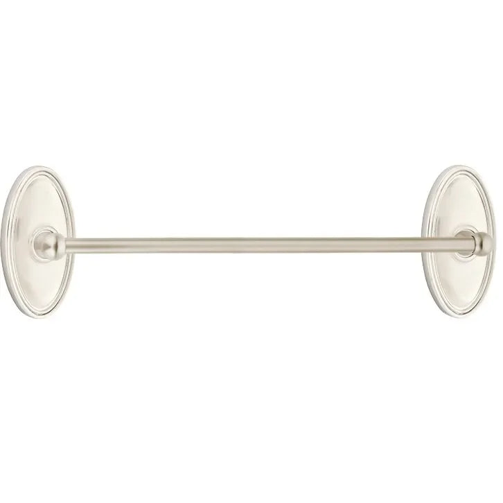 The Emtek Traditional Brass Towel Bar with Oval Rosette in Satin Nickel finish.