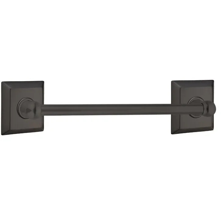 The Emtek Traditional Brass Towel Bar with Quincy Rosette in Flat Black finish.