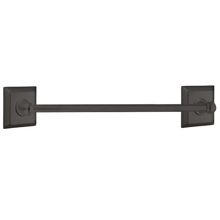 The Emtek Traditional Brass Towel Bar with Quincy Rosette in Flat Black finish.