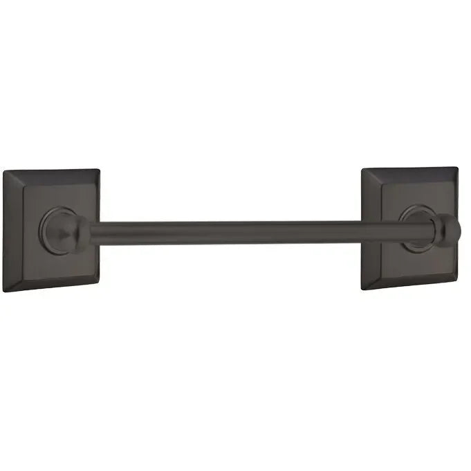The Emtek Traditional Brass Towel Bar with Quincy Rosette in Flat Black finish.