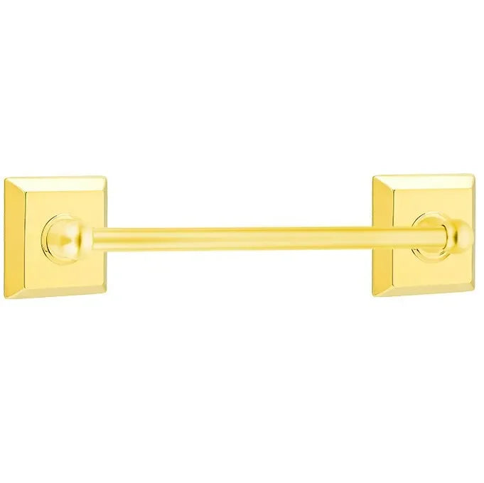 The Emtek Traditional Brass Towel Bar with Quincy Rosette in Lifetime Polished Brass finish.