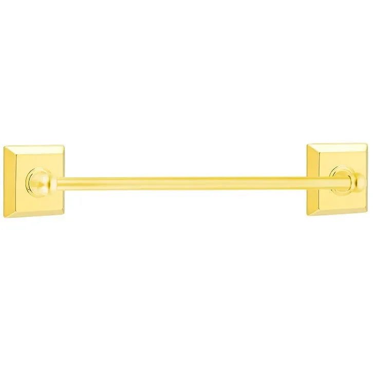 The Emtek Traditional Brass Towel Bar with Quincy Rosette in Lifetime Polished Brass finish.