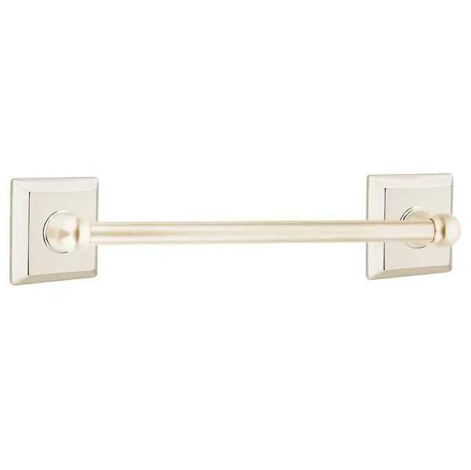 The Emtek Traditional Brass Towel Bar with Quincy Rosette in Lifetime Polished Nickel finish.