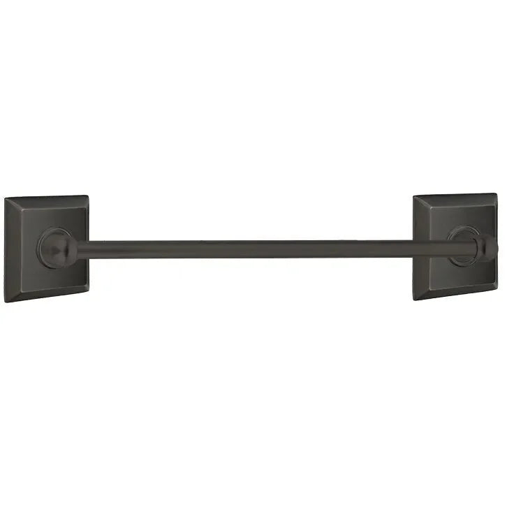 The Emtek Traditional Brass Towel Bar with Quincy Rosette in Oil Rubbed Bronze finish.