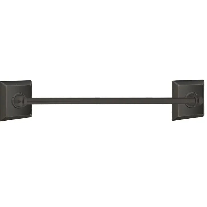 The Emtek Traditional Brass Towel Bar with Quincy Rosette in Oil Rubbed Bronze finish.
