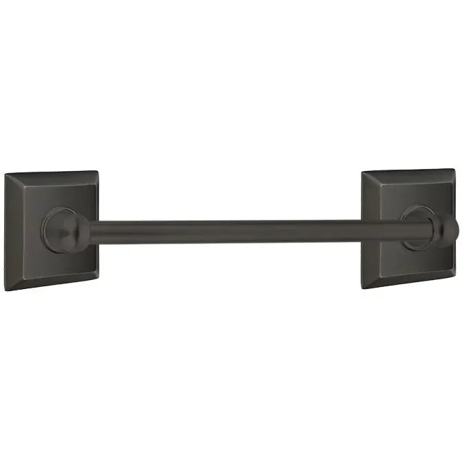 The Emtek Traditional Brass Towel Bar with Quincy Rosette in Oil Rubbed Bronze finish.