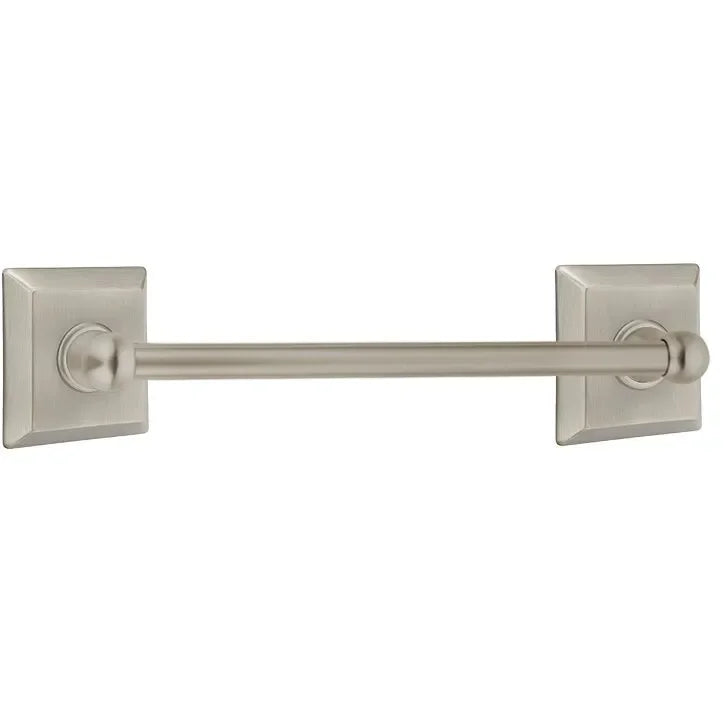 The Emtek Traditional Brass Towel Bar with Quincy Rosette in Pewter finish.