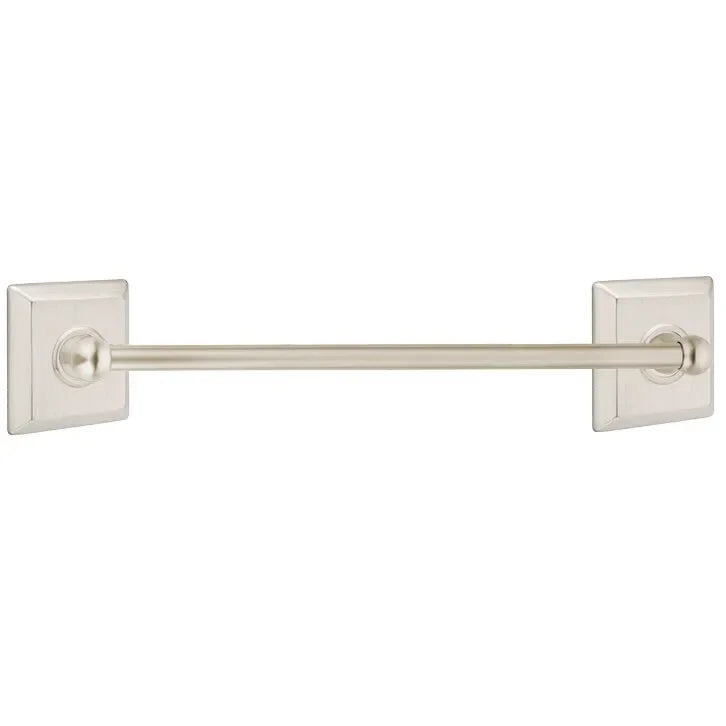 The Emtek Traditional Brass Towel Bar with Quincy Rosette in Satin Nickel finish.