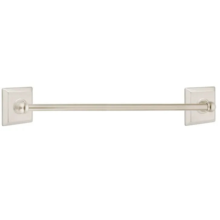 The Emtek Traditional Brass Towel Bar with Quincy Rosette in Satin Nickel finish.