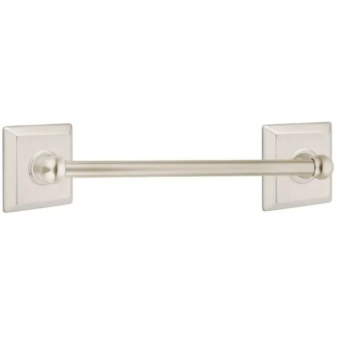 The Emtek Traditional Brass Towel Bar with Quincy Rosette in Satin Nickel finish.