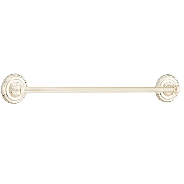 The Emtek Traditional Brass Towel Bar with Regular Rosette in Lifetime Polished Nickel finish.