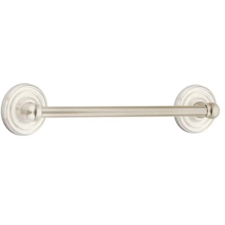The Emtek Traditional Brass Towel Bar with Regular Rosette in Satin Nickel finish.