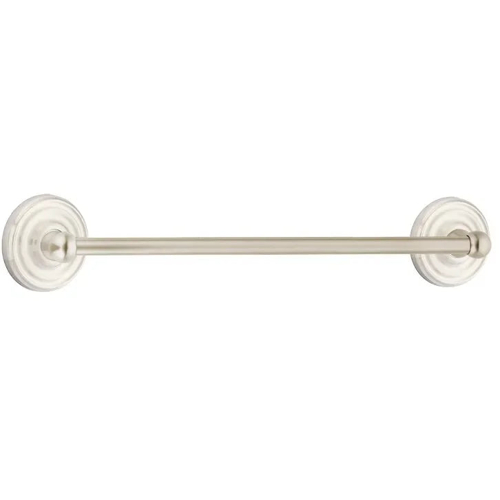 The Emtek Traditional Brass Towel Bar with Regular Rosette in Satin Nickel finish.