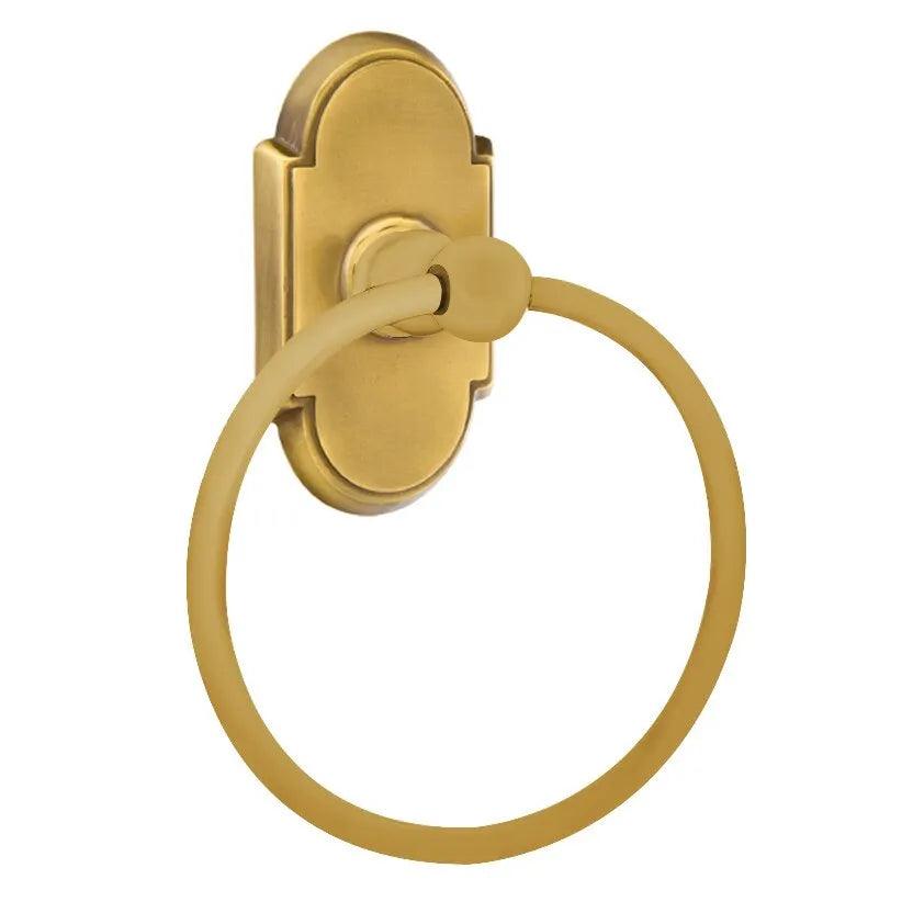 The Emtek Traditional Brass Towel Ring with #8 Rosette in French Antique finish.