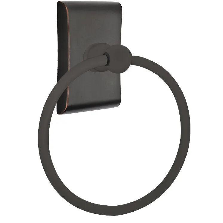 The Emtek Traditional Brass Towel Ring with Neos Rosette in Oil Rubbed Bronze finish.