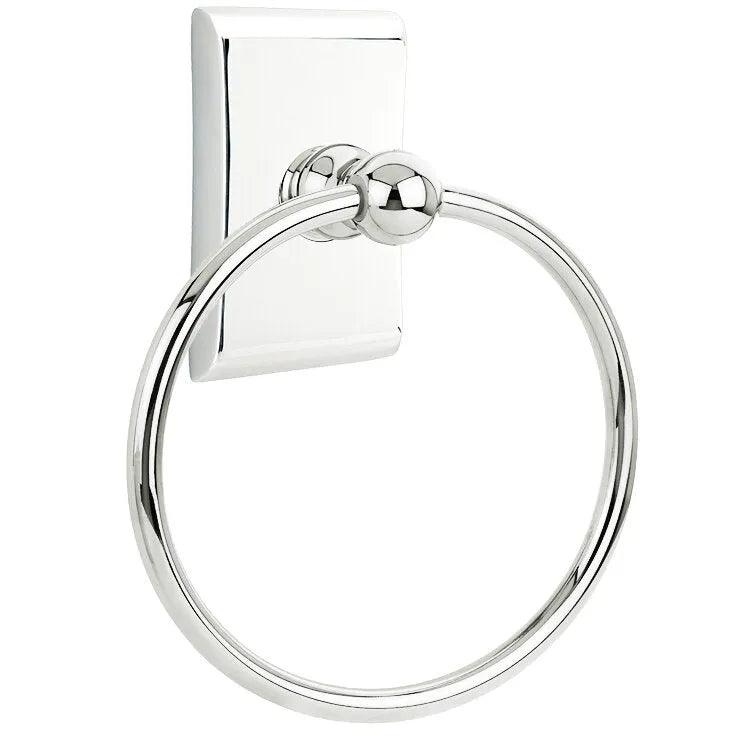 The Emtek Traditional Brass Towel Ring with Neos Rosette in Polished Chrome finish.