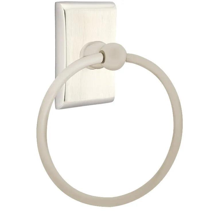 The Emtek Traditional Brass Towel Ring with Neos Rosette in Satin Nickel finish.